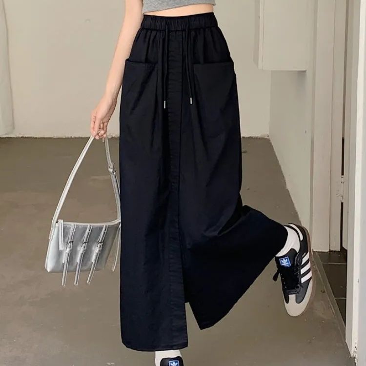 2024新型デザイン感a字スカート女性夏高腰ゆるい工装オープンフォーク中ロングスカート腰山本スカート|undefined