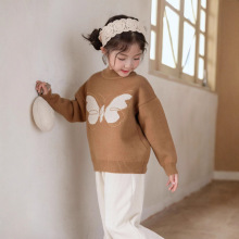 绣花蝴蝶女童套头毛衣加绒加厚一体绒保暖儿童衣服女孩宝宝上衣冬