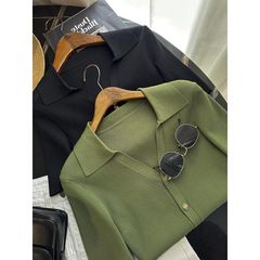 フランスシングル! 木の巨太790許紅豆桐の金気品vネックスリムスリムストレッチ半袖ニット女性