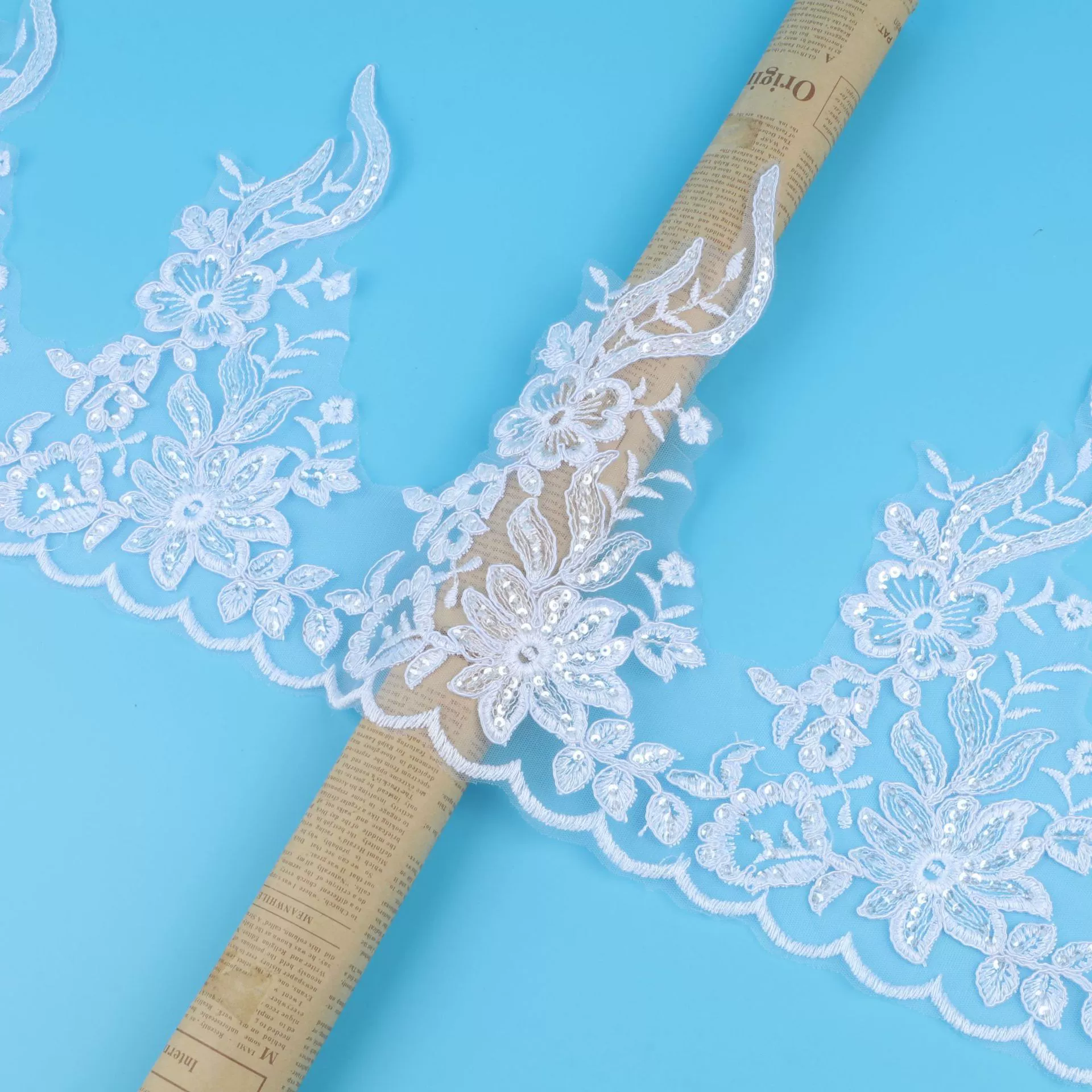 Lace sequin trim applique, bridal accessory, 26 см width, bleached/crystal or white transparent