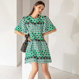 跨境夏新款韩版时尚气质优雅显瘦几何图案圆领印花气质短裙连衣裙
