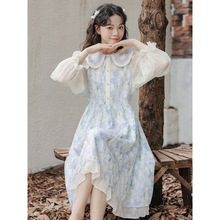 秋季新款韩系郁金香碎花娃娃领连衣裙女小个子穿搭甜美气质长裙子