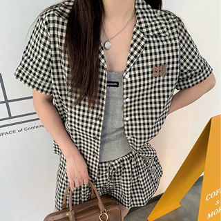 现货miu系早秋上新黑白格子短袖衬衫 休闲女衬衫外套