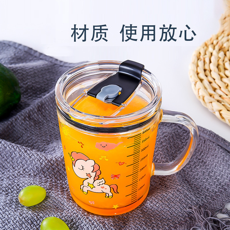 創意網紅杯兒童吸管杯牛奶杯把手刻度杯早餐杯印花水杯耐熱玻璃杯