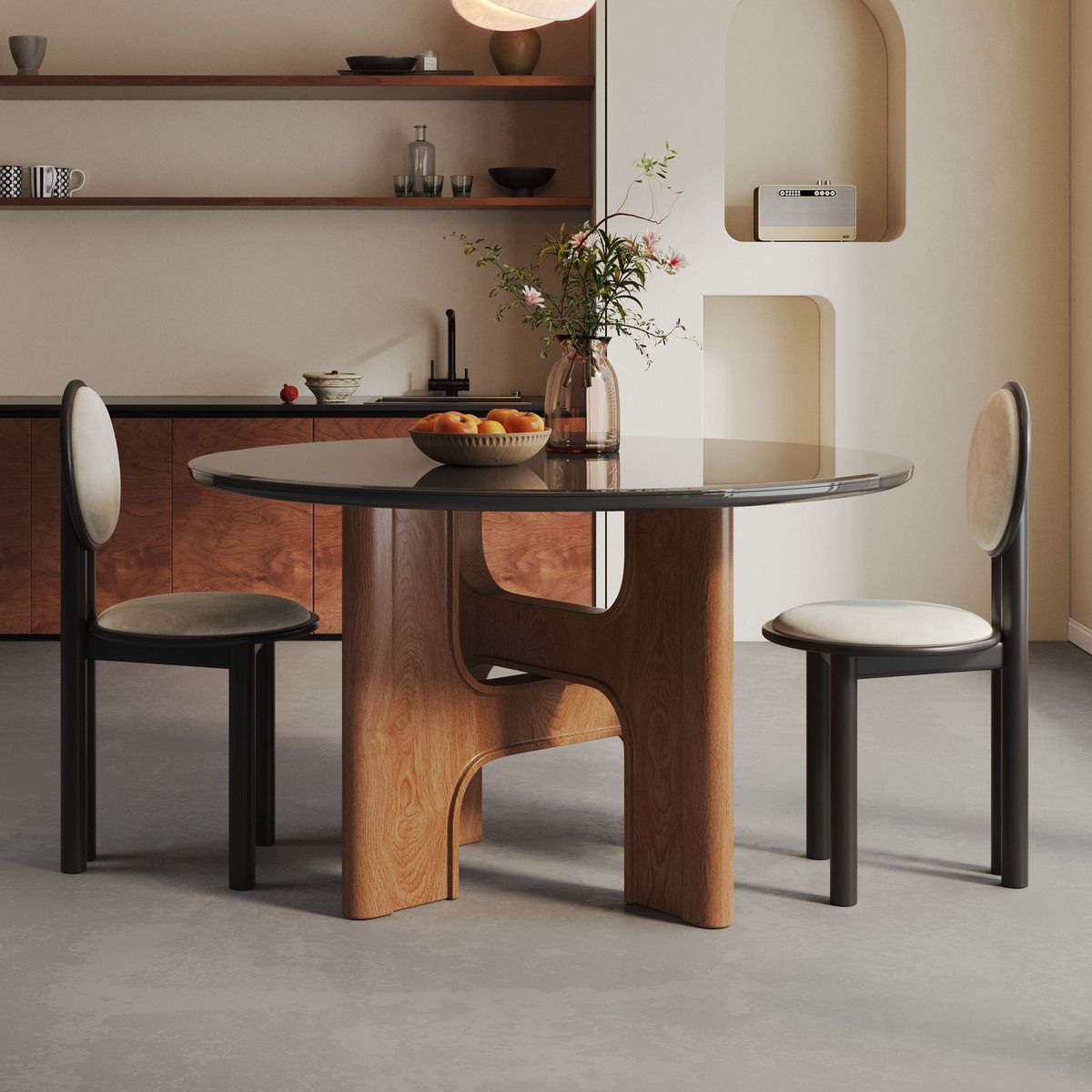 Nordic Medieval Tempered Glass Double-Layer Dining Table and Chair Combination Living Room Home Retro Oak Solid Wood Round Dining Table