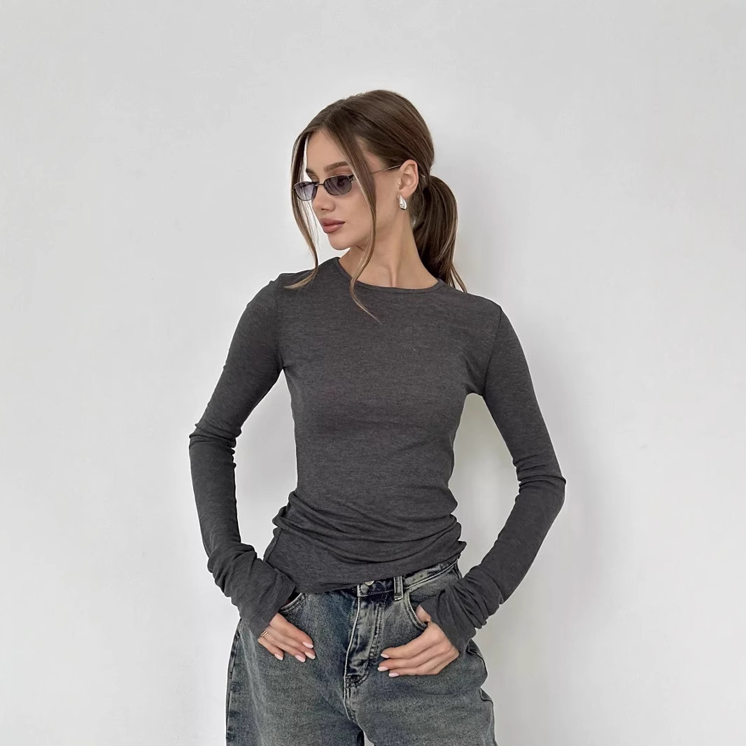 2024 otoño nuevo estilo europeo y americano transfronterizo ropa de mujer de color sólido moda delgada cuello redondo corno camiseta de manga larga camiseta mujer