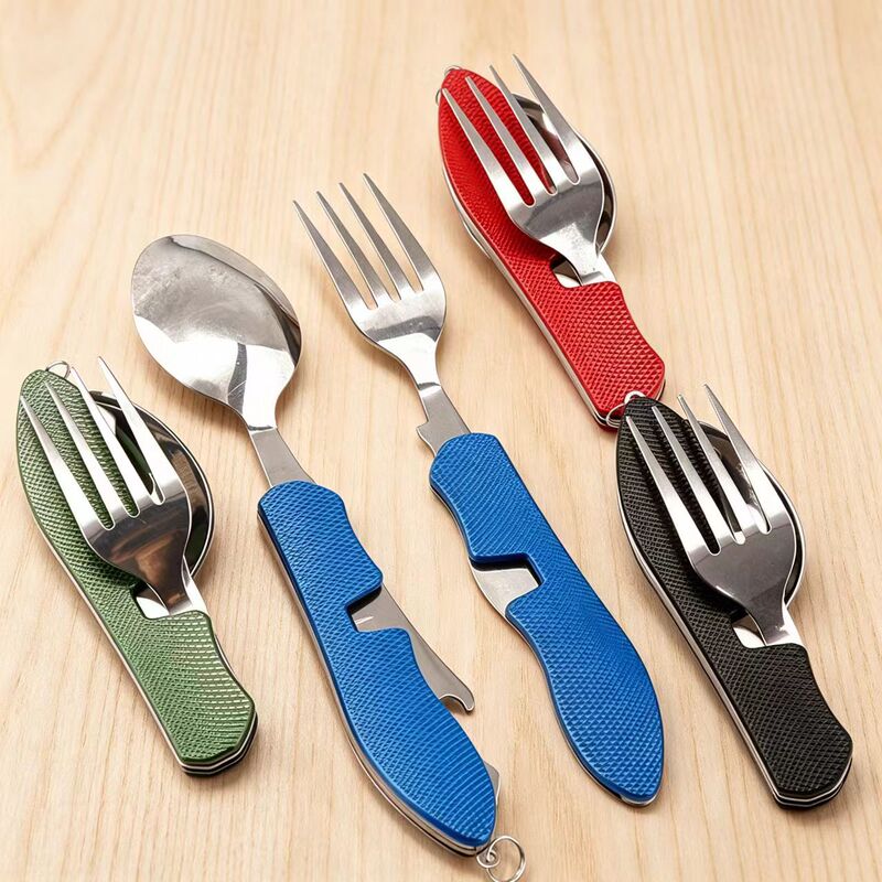 Factory Direct Sale Aluminum Handle Three-Piece Stainless Steel Camping Folding Detachable Knife, Fork, and Spoon Set Multifunctional Outdoor Cutlery
