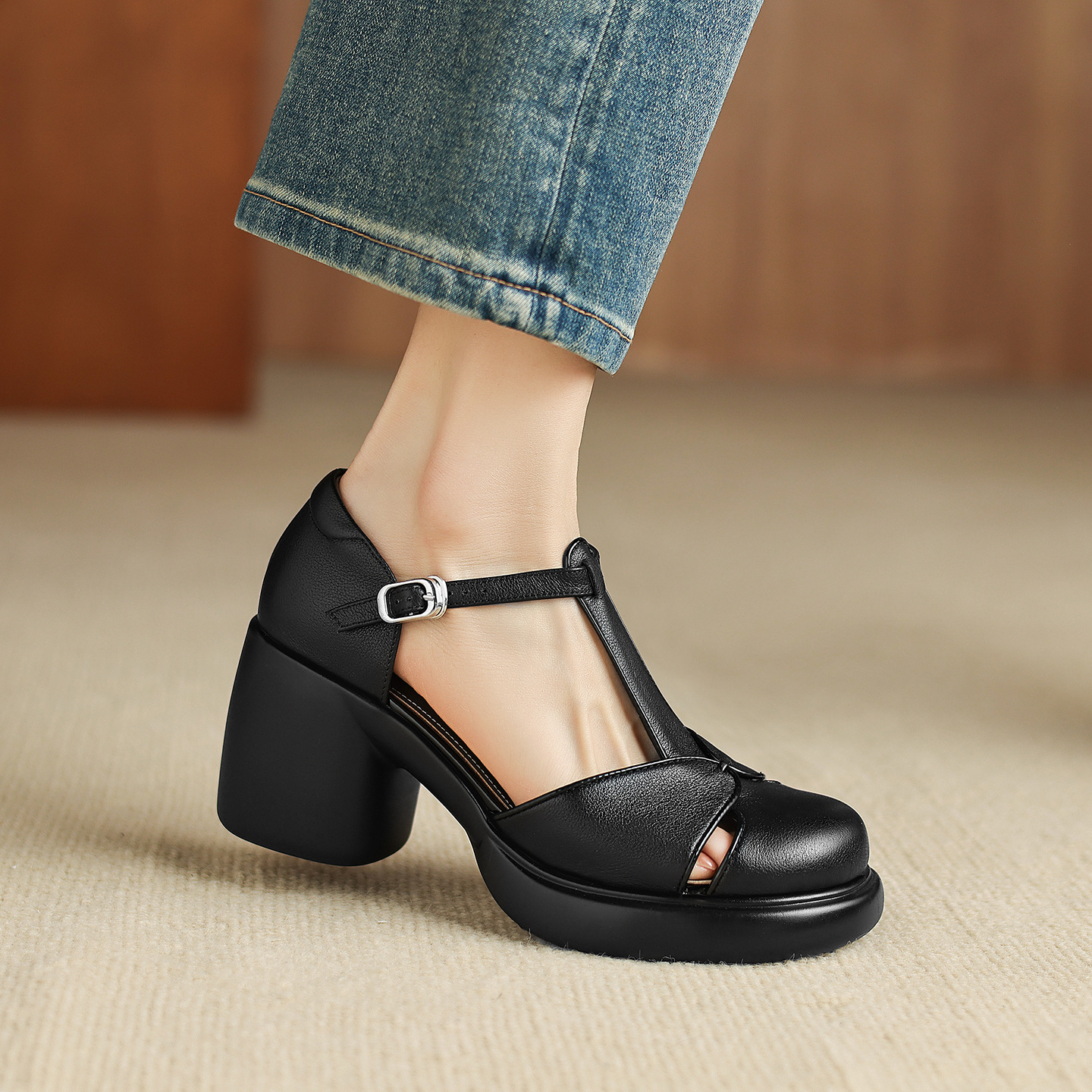 Sandal cao gót nữ mũi nhọn quai chữ T đế dày gót 7 cm — đen