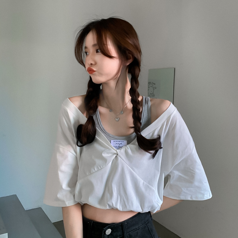 Women's T-shirt Off Shoulder Bubble Sleeve Colour Blocking Top_voghion.com