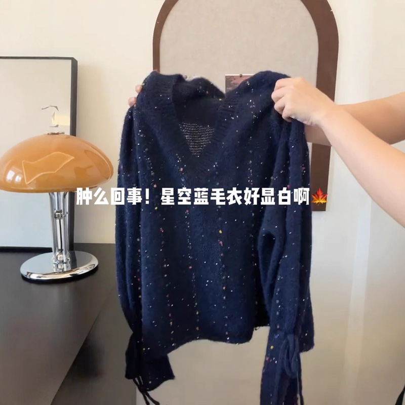 广州十三行高货爆款~彩色V领绑带针织衫女秋冬款慵懒软糯宽松毛衣|undefined