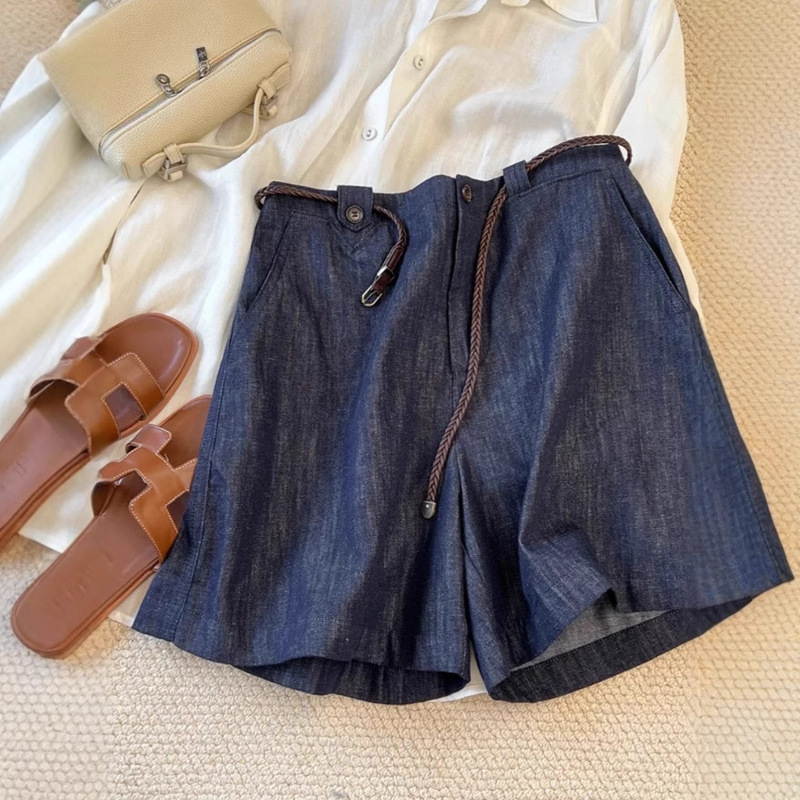 God pants, addictive somatosensory!!! dark blue Linen Jeans Women's High Waist Wide Leg Cotton Linen Shorts