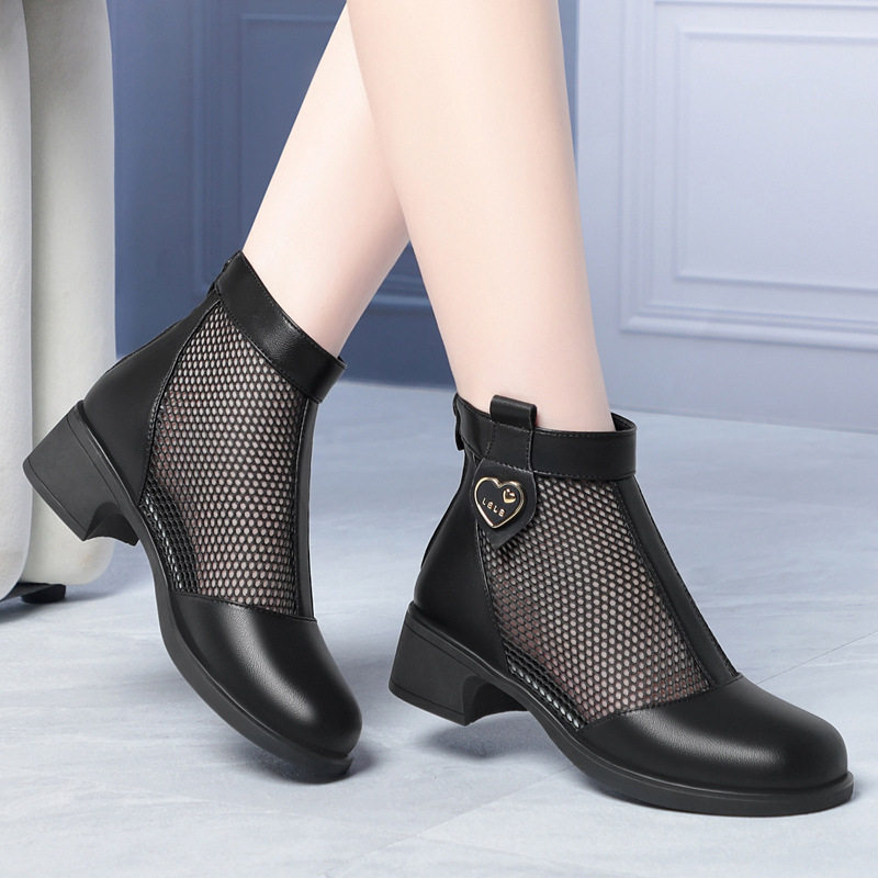 Boot nữ cổ thấp da lưới gót thấp thoáng khí, đế thô chắc chắn — màu đen