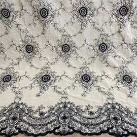 中国风麻纱刺绣女装棉布刺绣面料黑线绣花立体服装连衣裙棉麻面料
