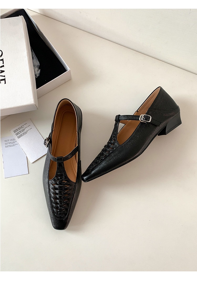 Giày Mary Jane nữ đan T-Strap da thật mũi vuông đế bệt — màu đen, bạc chi tiết 17