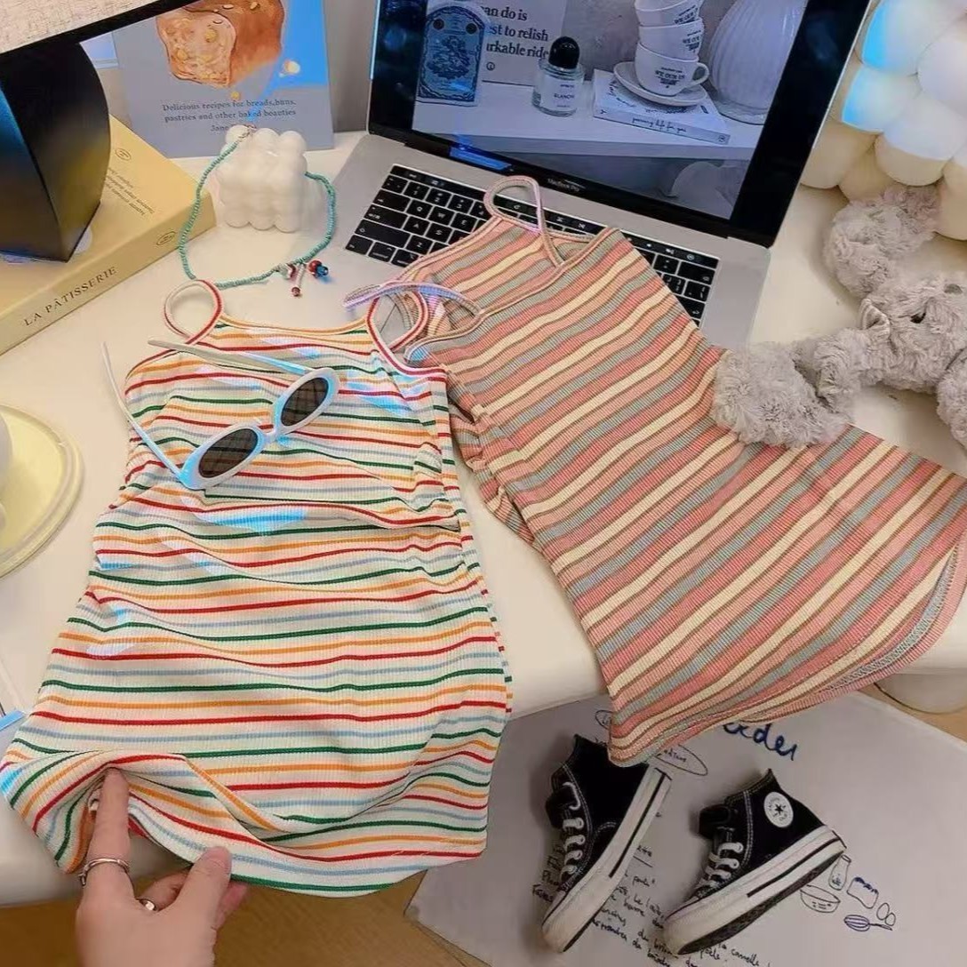 Girls' Summer Thin Princess Camisole Dress, Stylish Ladylike Striped Long Nightgown for Young Girls