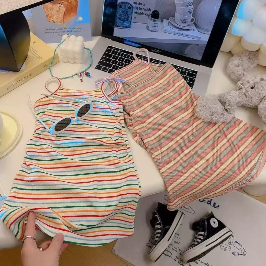 女童吊带连衣裙夏季薄款公主中小童女孩背心洋气淑女条纹长裙睡裙
