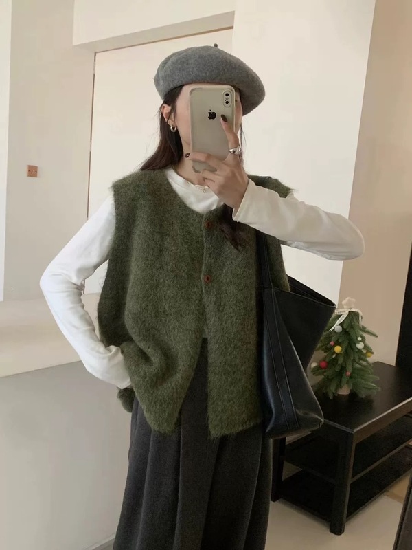 韩版复古百搭简约无袖毛衣马甲女秋季小个子宽松慵懒叠穿针织背心|undefined