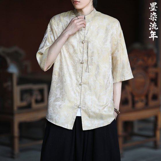 Ice Silk Shirt Men's Summer Thin Retro Trendy Brand Printed Tang Suit Short-sleeved Shirt New Chinese-style Buckle Hanfu Top