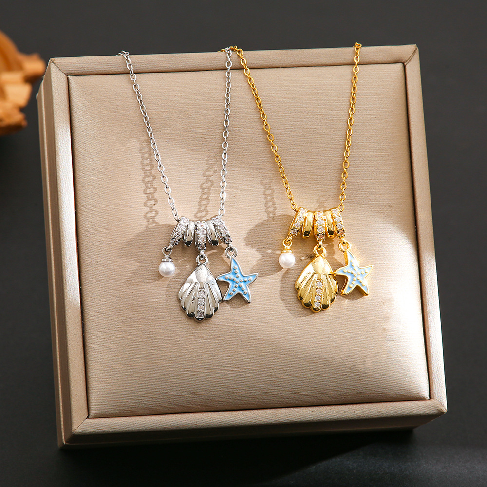 8g Weight Copper Pendant Material Wholesale Jewelry Classic Style Starfish Shell Titanium Steel Copper Plating Cable Chain Pendant Necklace