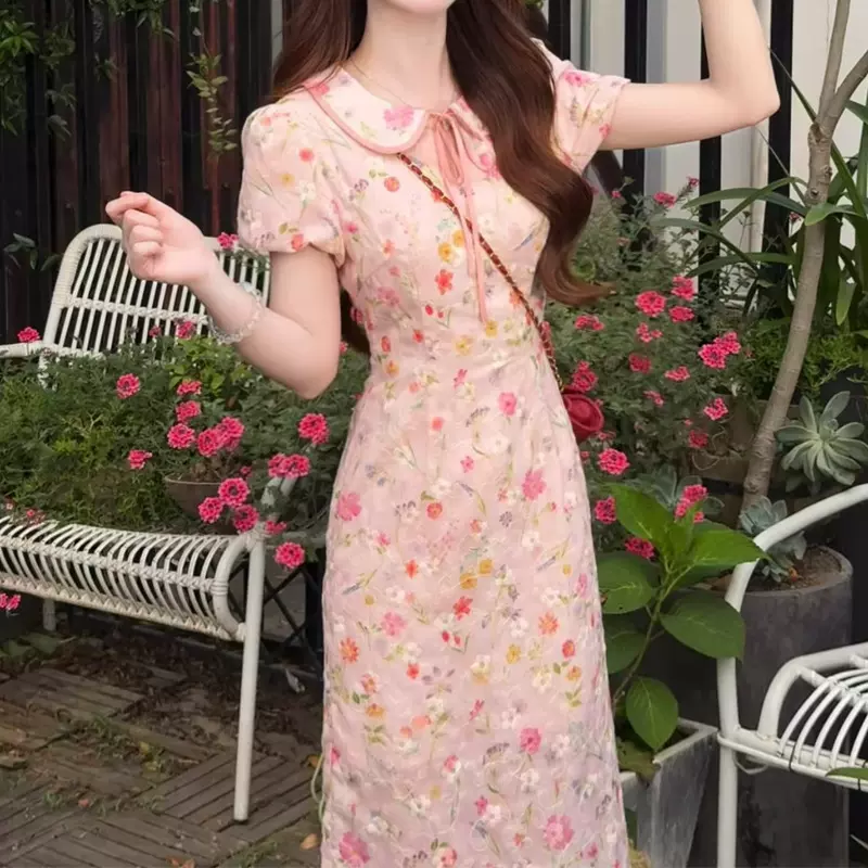 法式简约漫花海新中式翻领碎花印花旗袍连衣裙夏日jue美小裙子新