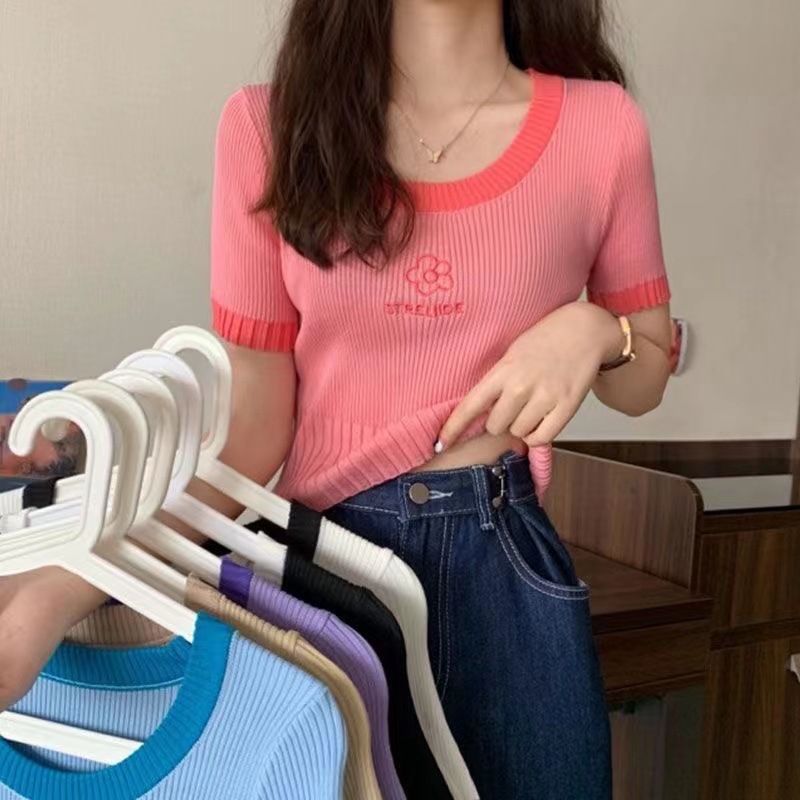 Short Women's Tops 2025 New Spring and Summer Slim-Fitting Thin Short-Sleeved Tight-Fitting Bottoming Pink Knitwear