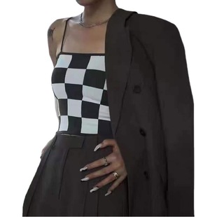 New Products Checkerboard Camisole Women's Fixed Chest Pad One-word Beautiful Back Black and White Square Niche Breast Wrapping Tube Top