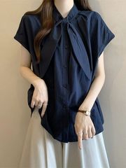 2025韩系纯色立领短袖衬衫女夏季温柔宽松衬衣设计感chic百搭上衣