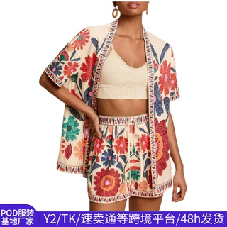 TEMU跨境新款女士套装植物印花开衫上衣短裤休闲套装女夏两件套