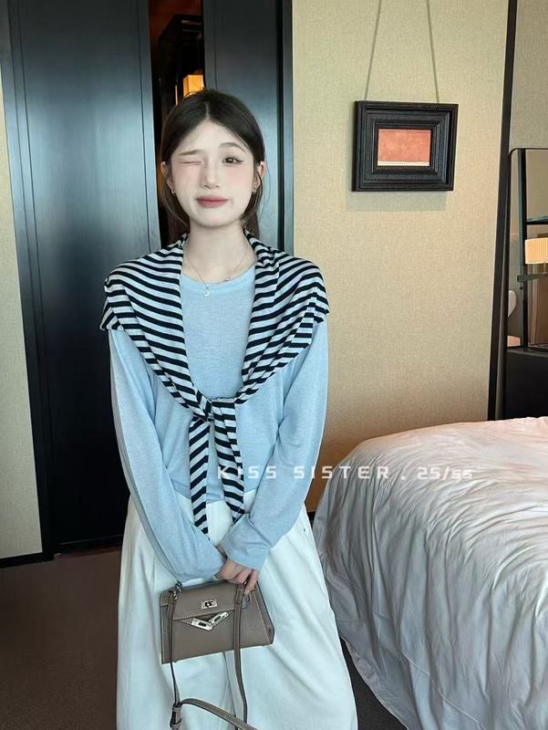 2025秋冬新款韩系女毛衣百搭休闲设计条纹披肩针织衫宽松显瘦上衣|undefined