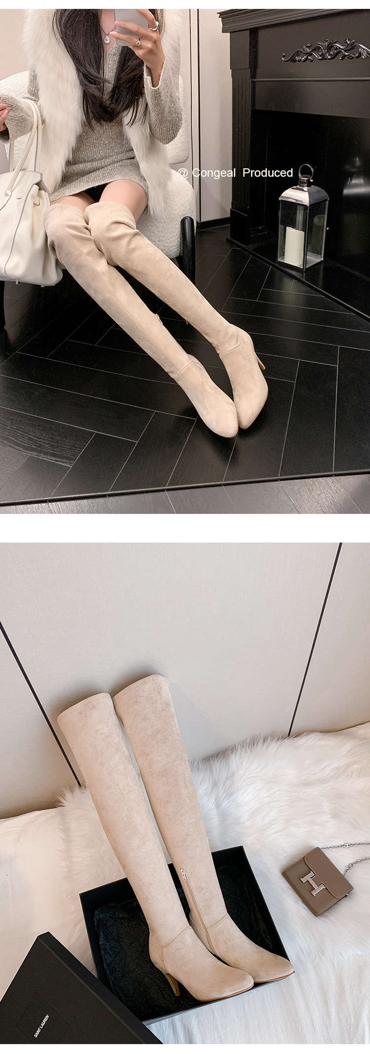 Boot nữ cổ cao trên gối mũi nhọn gót cao 9 cm chất da lộn co giãn — Lớp lót nhung tiêu chuẩn màu đen trên đầu gối, Lớp lót nhung lớn màu mơ trên đầu gối, Giày bốt cao cấp lót nhung tiêu chuẩn màu mơ, Lớp lót nhung đen trên đầu gối chi tiết 31