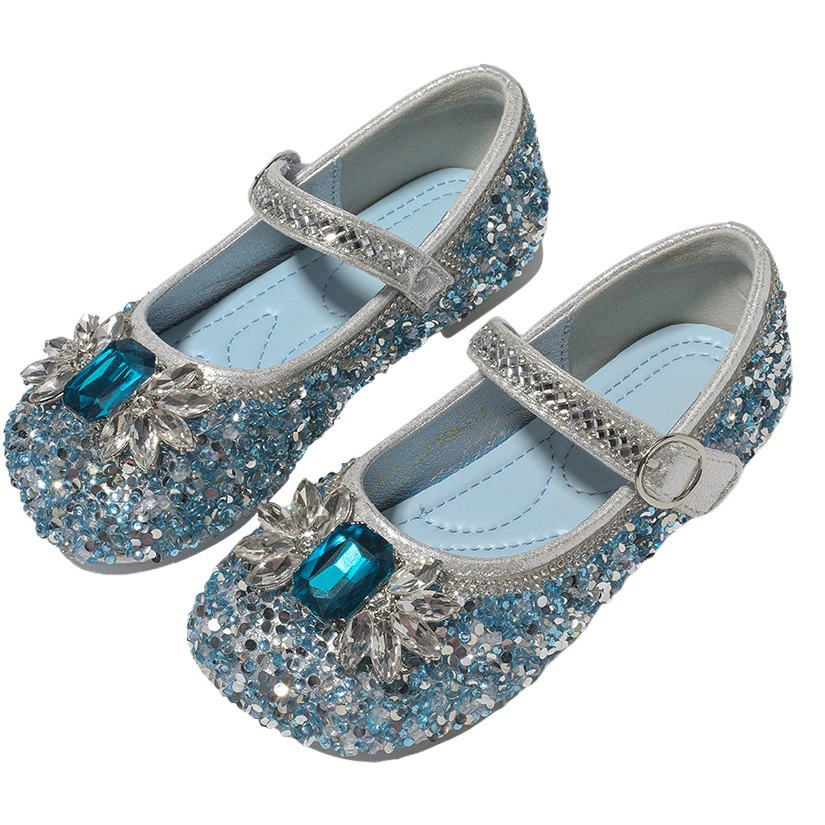Детские туфли-лоферы для девочек, весна-осень 2026, новая модель, с блестящими стразами, в стиле Эльзы, нескользящая мягкая подошва
