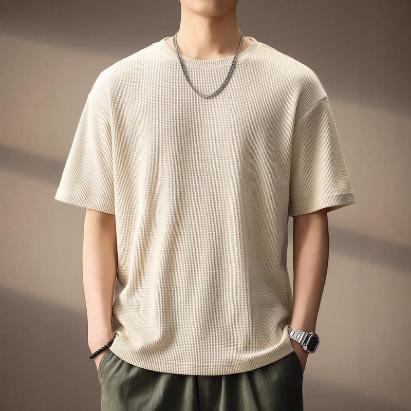 High-end Soft Waxy Knitted Waffle Short-sleeved T-shirt Summer Loose Heavy-weight Basic American Style Retro Base Shirt for Men