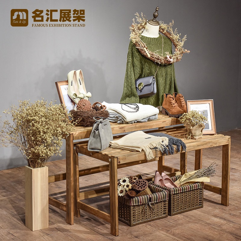 服装店鞋帽货架置物架实木展示架高低流水台橱窗装饰道具包包展台