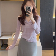 紫色翻领针织衫女秋季长袖修身内搭竹节纹打底衫气质感T恤ins2025