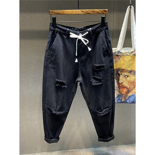 Black Jeans Men's Spring and Autum Loose Small Feet 2025 New Fashion Brand Ripped Casual Harem Nine-Point Pants