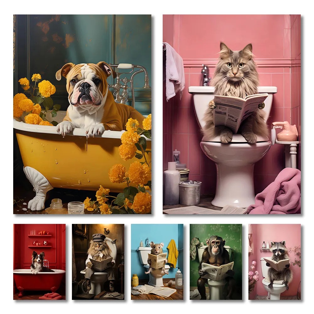 有趣的动物海报幽默的狗在卫生间阅读报纸艺术帆布画浴室装饰画