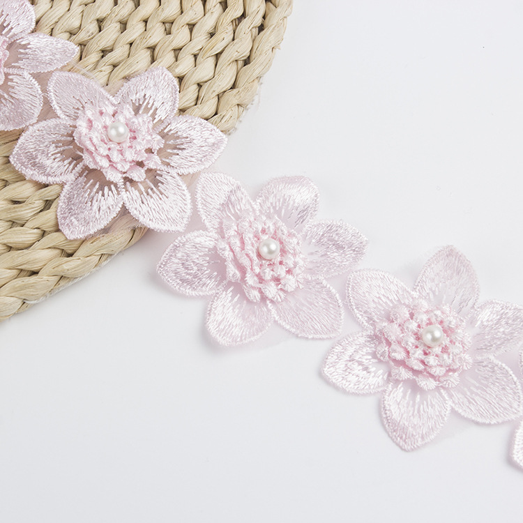 歐根紗蕾絲花朵DIY珍珠圓形花邊服飾輔料 花直徑5.5cm