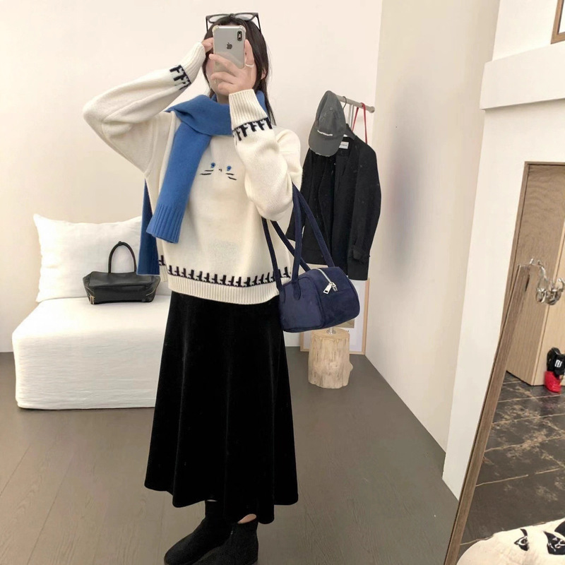 2025秋冬新款韩版甜美宽松慵懒风圆领套头毛衣女百搭针织衫打底衫|undefined