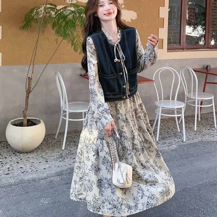 国风水墨画碎花连衣裙女春秋季新款温柔风牛仔马甲长裙套装两件套|undefined