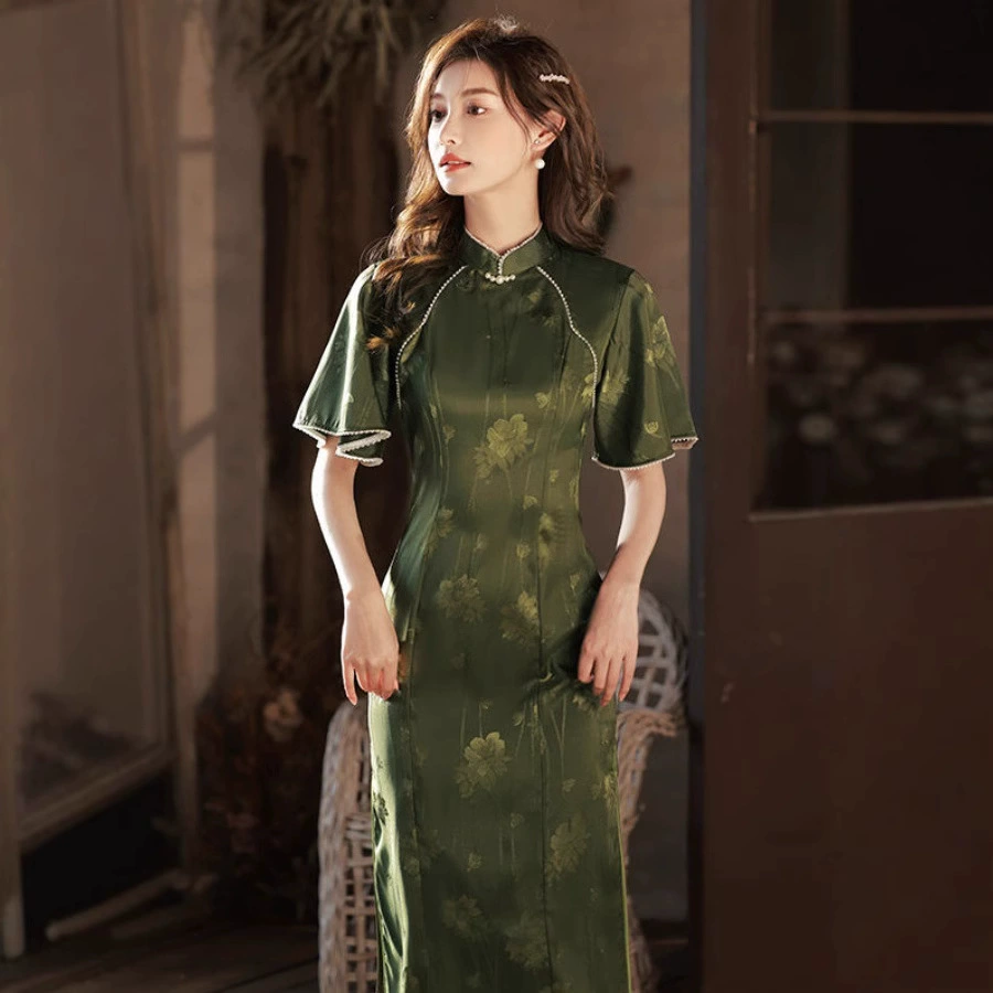 Темно-зеленый чонсам 2025, новый улучшенный женский летний стиль, молодежный стиль, большие рукава, винтажный стиль