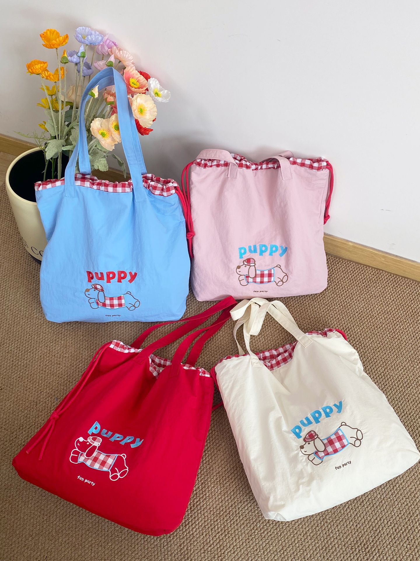 Lindo bolso de hombro con cordón de cachorro bordado pequeño bolso tote de nylon fresco a cuadros de costura bolso de viaje para estudiantes todo fósforo