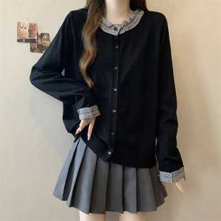 Real shot small plaid ear plus size autumn and winter round neck design chubby girl black lazy wind loose knit cardigan