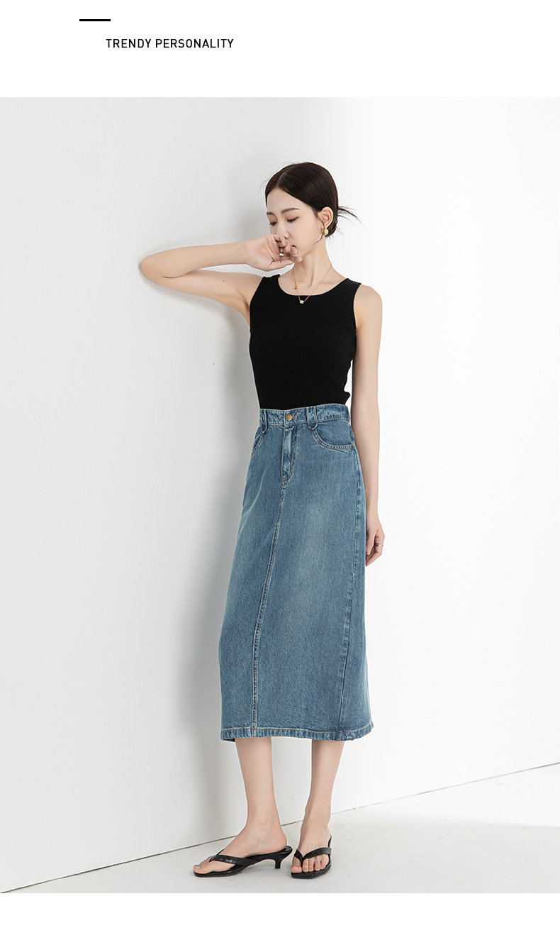 Chân váy bút chì denim Tencel cỡ lớn nữ xẻ tà dài vừa phải — Màu đen chi tiết 25