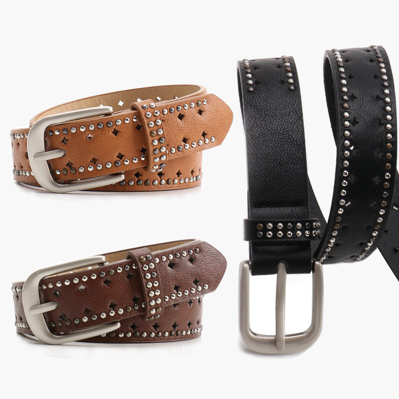 American Y2K Belt for Women, Versatile Jeans with Perforated Decorative Punk Double-Row Rivets, Niche Design Belt for Women