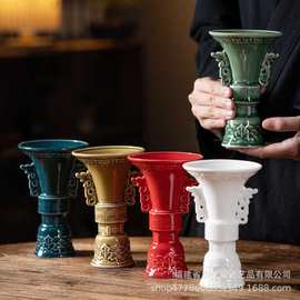 仿古酒杯青瓷觚杯白酒烈酒高脚杯大容量二两创意酒樽陶瓷果盆批发