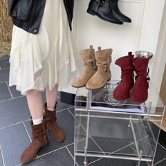 2025韩版圆头手工褶皱堆堆靴中筒靴女新款套筒显瘦粗跟西部牛仔靴