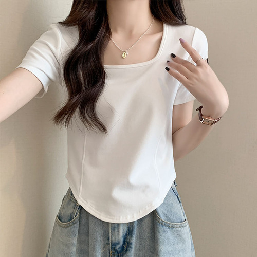 Ins Pure Desire Summer Square Collar Bone Short Sleeve T-Shirt for Women, Fitted Hooded Slimming Casual Base Top for Trendy Women