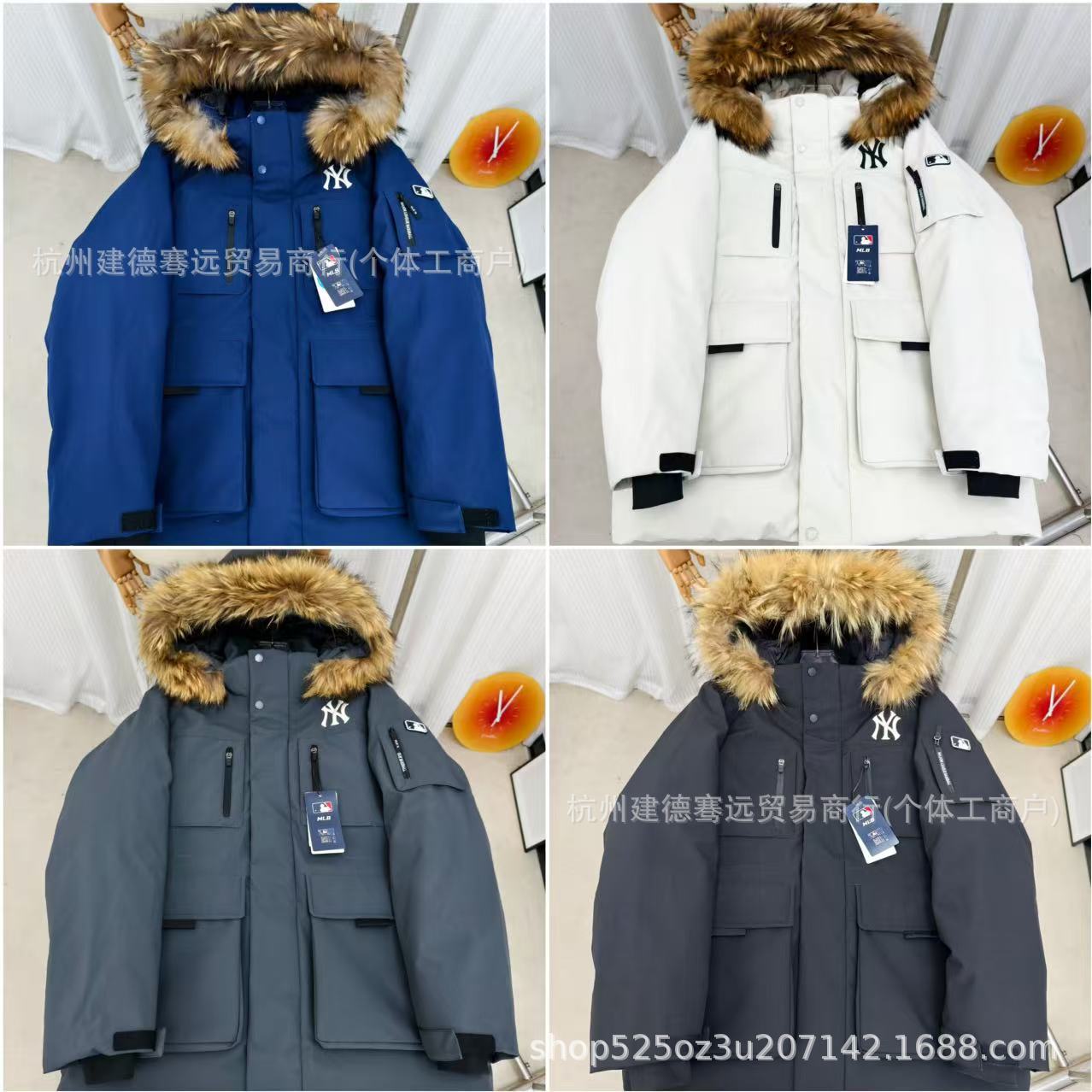 莆田纯原MLB鹅绒羽绒服工装 NY洋基队张凌赫中长款派克外套情侣款