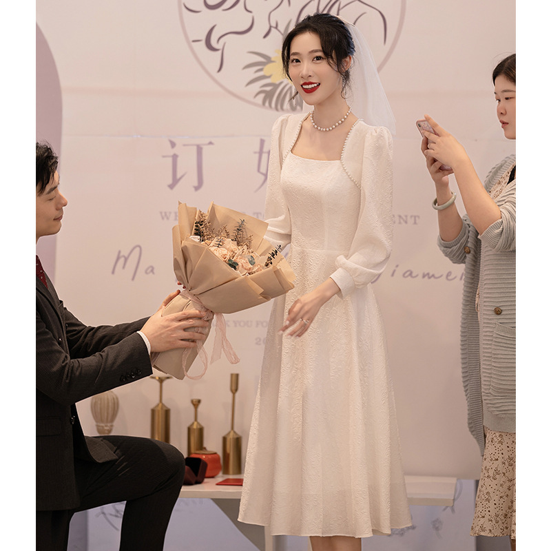 White Dress for Marriage Registration, Small White Dress for Engagement, Women's Light Luxury Long-Sleeve Summer Dress That Can Be Worn Casually White Dress for Marriage Registration, Small White Dress for Engagement, Women's Light Luxury Long-Sleeve Summer Dress That Can Be Worn Casually