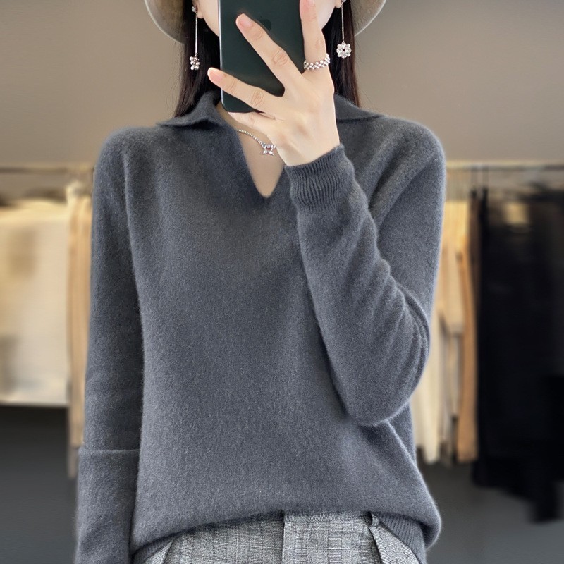 秋冬新款无缝羊毛衫女气质V领内搭针织打底翻领宽松Polo领毛衣|undefined